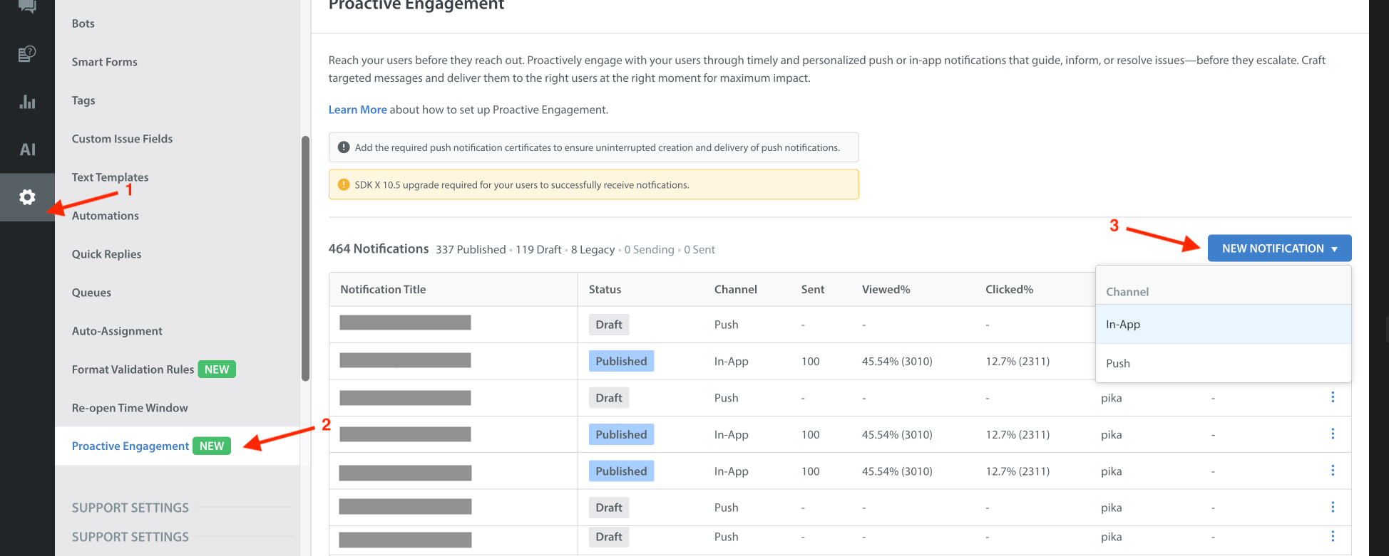 Helpshift admin dashboard settings for Proactive Engagement feature